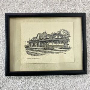 Vintage Kipling Saskatchewan Framed Black and White Train Station Sketch
